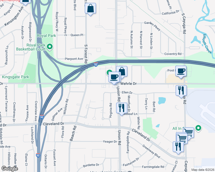 map of restaurants, bars, coffee shops, grocery stores, and more near 767 Wehrle Drive in Buffalo