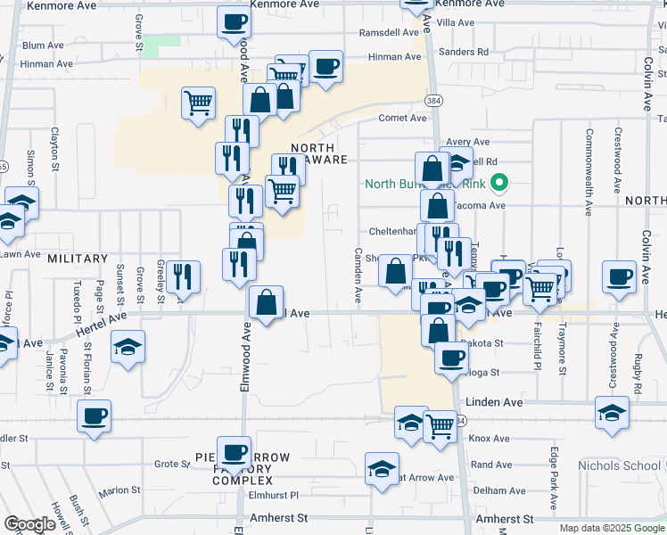 map of restaurants, bars, coffee shops, grocery stores, and more near 84-86 Botsford Pl in Buffalo