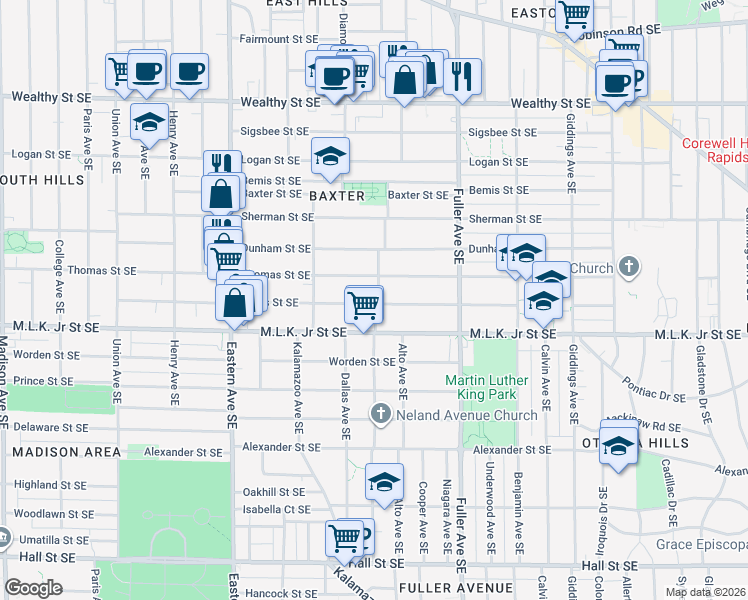 map of restaurants, bars, coffee shops, grocery stores, and more near 1043 Bates Street Southeast in Grand Rapids