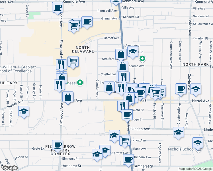 map of restaurants, bars, coffee shops, grocery stores, and more near 74 Shoreham Pkwy in Buffalo