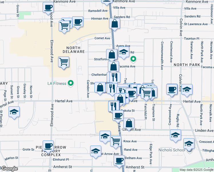 map of restaurants, bars, coffee shops, grocery stores, and more near 36 Shoreham Parkway in Buffalo