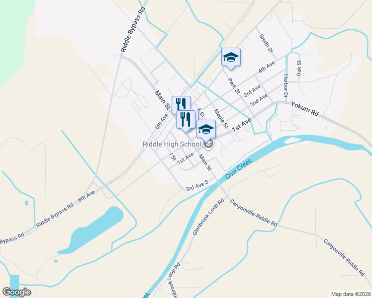 map of restaurants, bars, coffee shops, grocery stores, and more near 135 D Street in Riddle