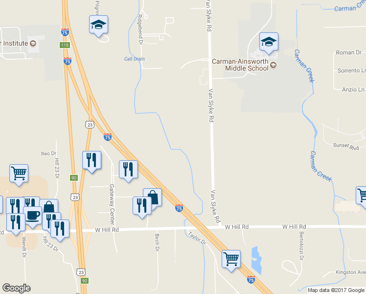 map of restaurants, bars, coffee shops, grocery stores, and more near 5346 Van Slyke Road in Flint