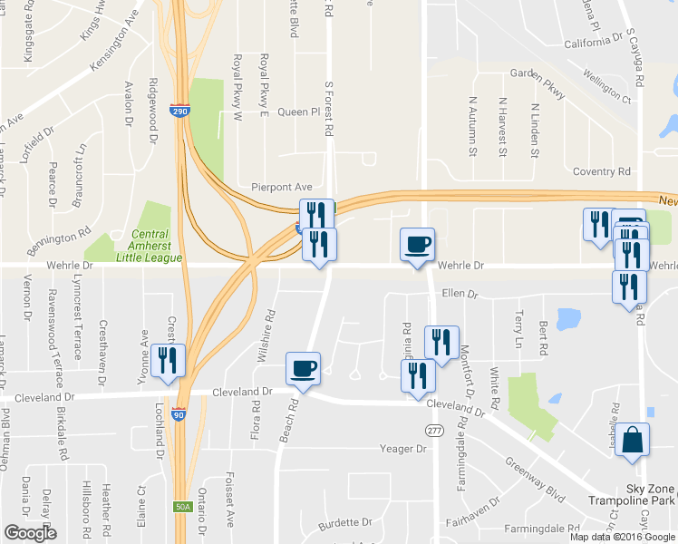 map of restaurants, bars, coffee shops, grocery stores, and more near 402 South Forest Road in Buffalo