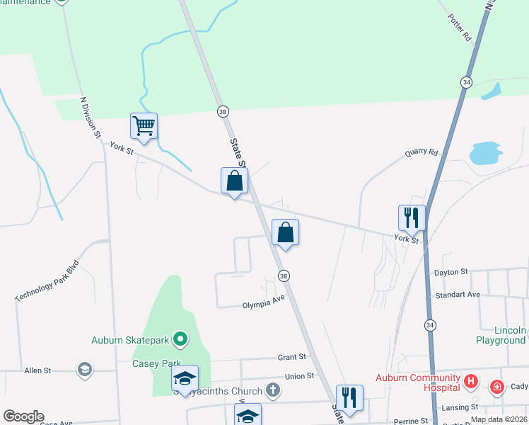 map of restaurants, bars, coffee shops, grocery stores, and more near 308 State Street in Auburn