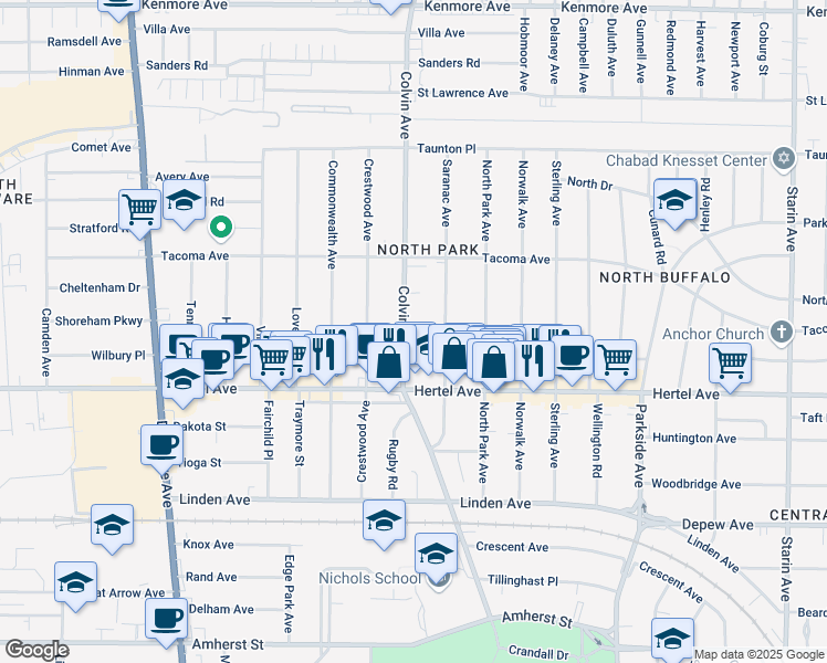 map of restaurants, bars, coffee shops, grocery stores, and more near 126 Saranac Avenue in Buffalo