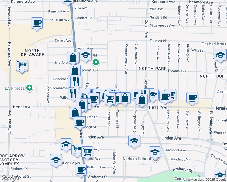 map of restaurants, bars, coffee shops, grocery stores, and more near 55 Virgil Avenue in Buffalo