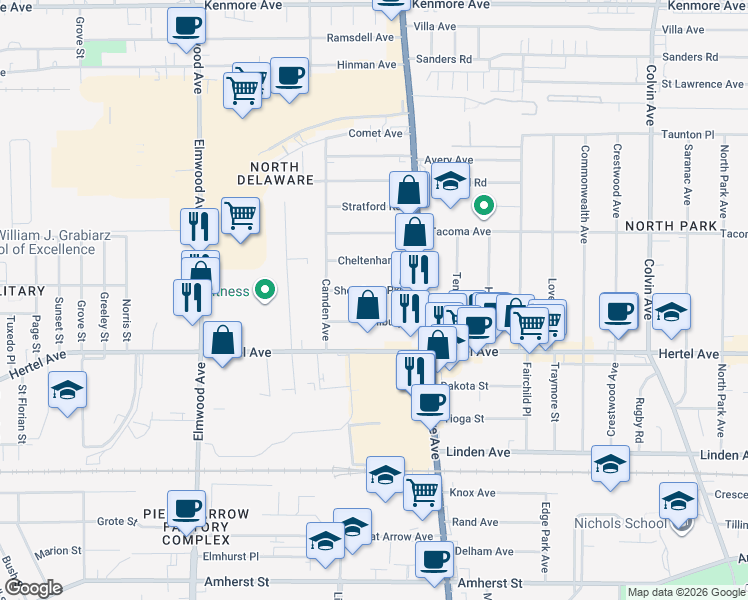 map of restaurants, bars, coffee shops, grocery stores, and more near 74 Shoreham Parkway in Buffalo