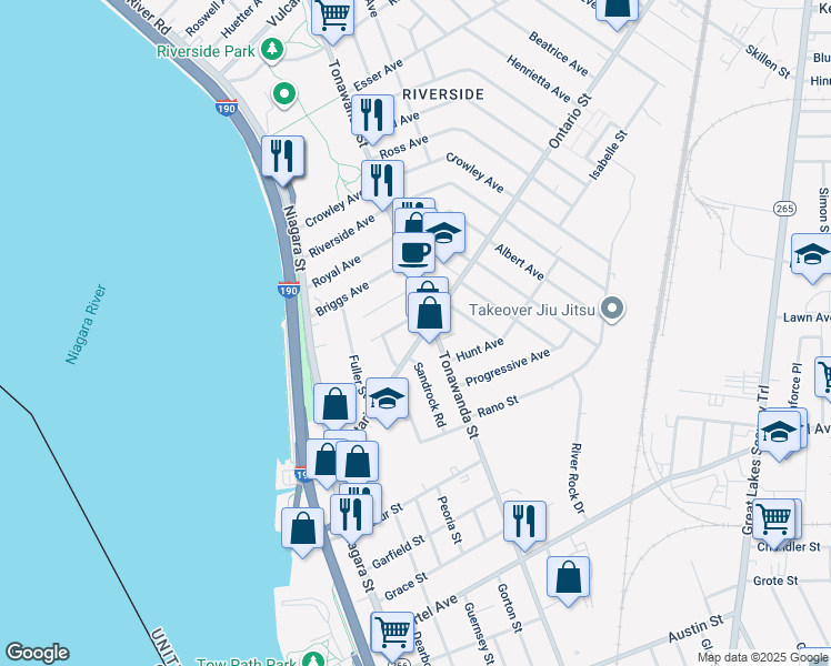 map of restaurants, bars, coffee shops, grocery stores, and more near 45 Heward Avenue in Buffalo