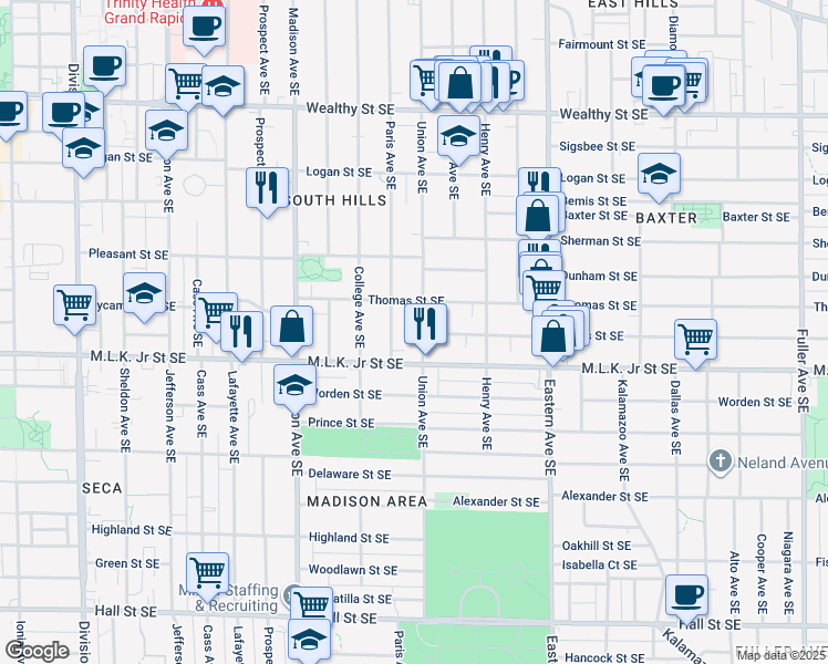 map of restaurants, bars, coffee shops, grocery stores, and more near 721 Union Avenue Southeast in Grand Rapids