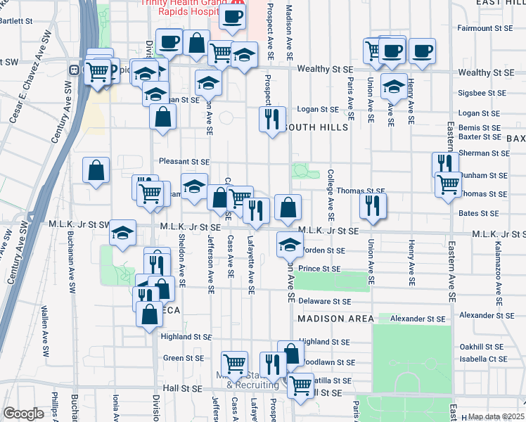 map of restaurants, bars, coffee shops, grocery stores, and more near 719 Prospect Avenue Southeast in Grand Rapids