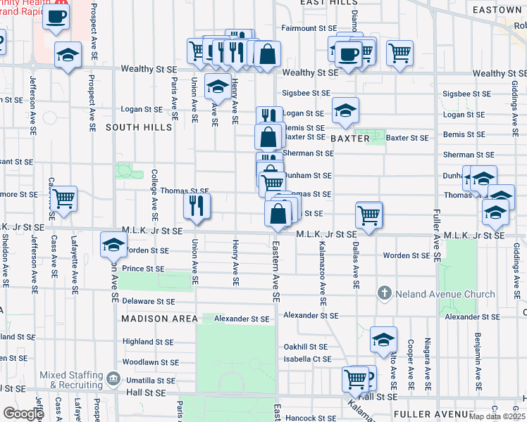map of restaurants, bars, coffee shops, grocery stores, and more near 743 Bates Street Southeast in Grand Rapids
