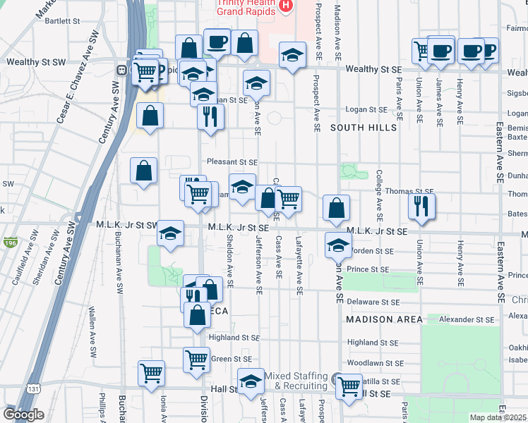 map of restaurants, bars, coffee shops, grocery stores, and more near 710 Jefferson Avenue Southeast in Grand Rapids