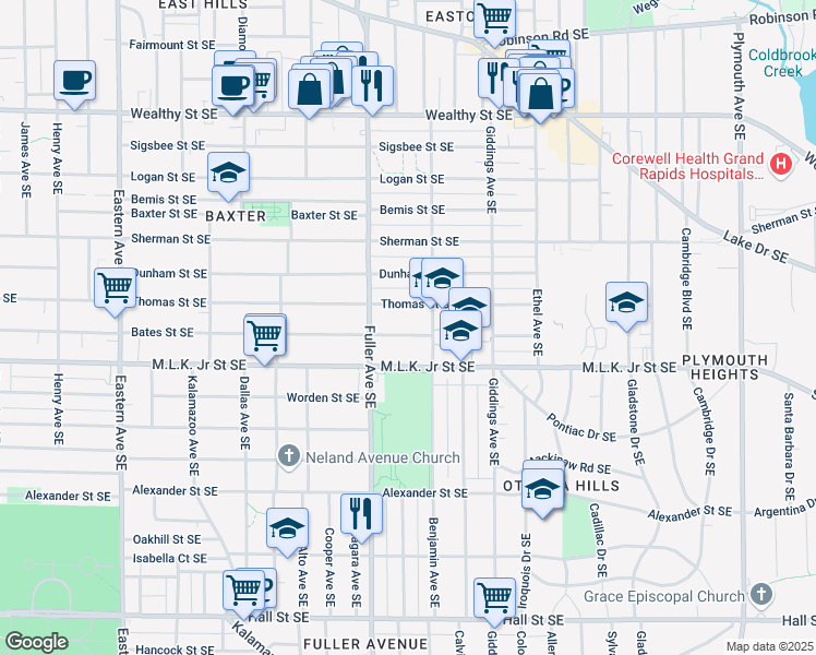 map of restaurants, bars, coffee shops, grocery stores, and more near 1241 Bates Street Southeast in Grand Rapids