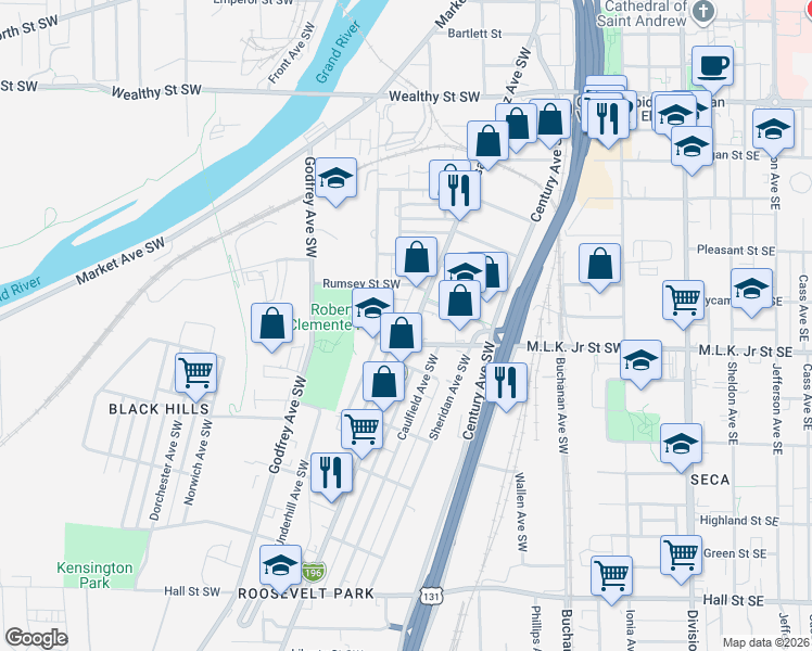 map of restaurants, bars, coffee shops, grocery stores, and more near 733 Grandville Avenue Southwest in Grand Rapids