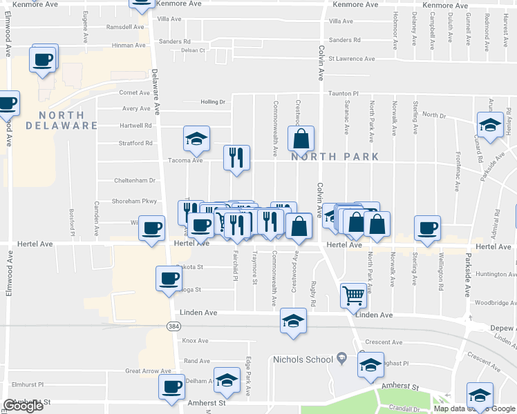 map of restaurants, bars, coffee shops, grocery stores, and more near 55 Lovering Avenue in Buffalo