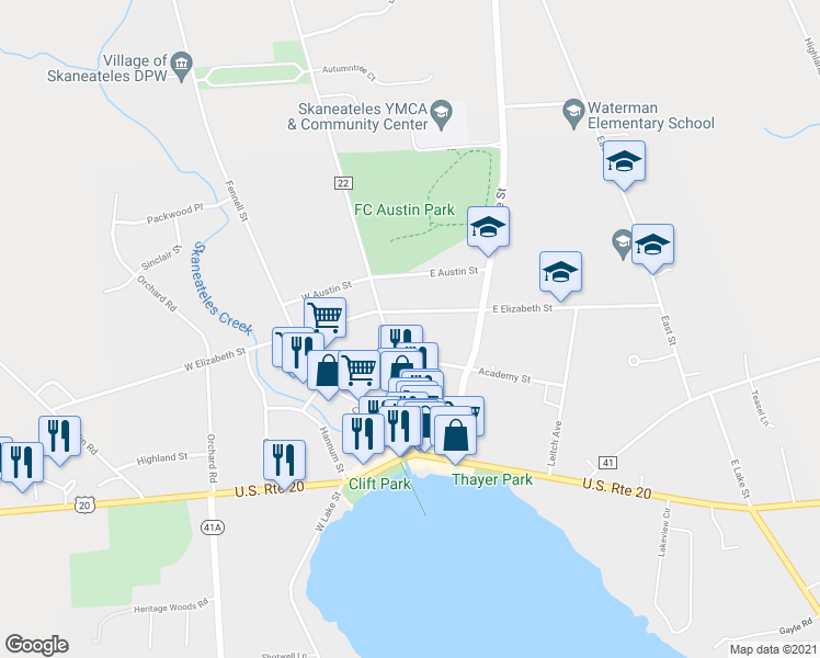 map of restaurants, bars, coffee shops, grocery stores, and more near 60 Jordan Street in Skaneateles