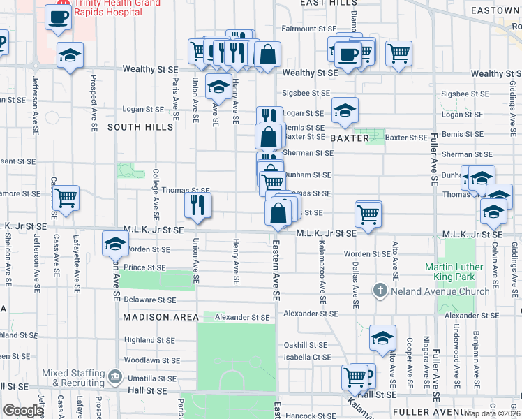 map of restaurants, bars, coffee shops, grocery stores, and more near 743 Bates Street Southeast in Grand Rapids