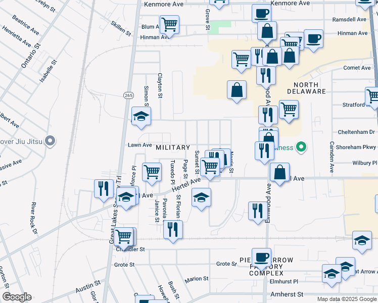 map of restaurants, bars, coffee shops, grocery stores, and more near 71 Page St in Buffalo