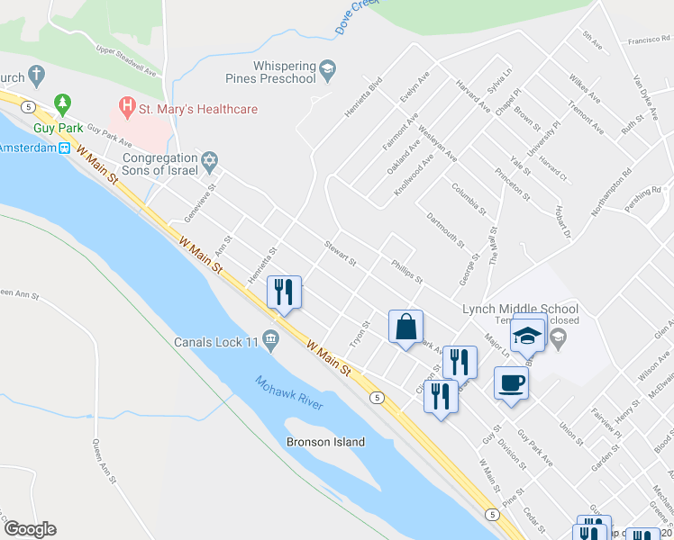 map of restaurants, bars, coffee shops, grocery stores, and more near 279 Guy Park Avenue in Amsterdam