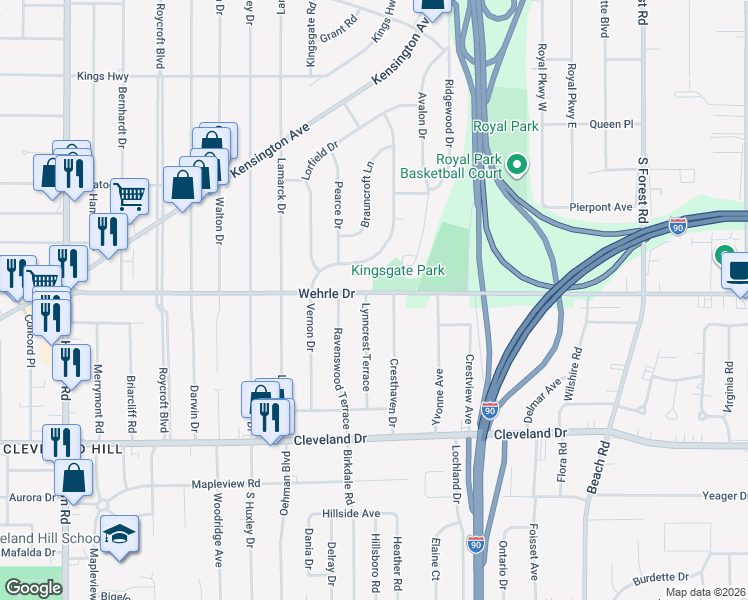 map of restaurants, bars, coffee shops, grocery stores, and more near 123 Lynncrest Terrace in Buffalo