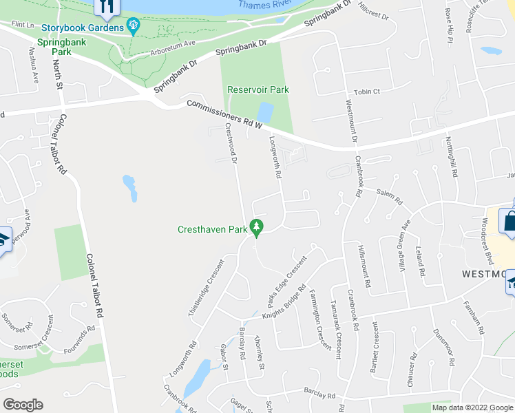 map of restaurants, bars, coffee shops, grocery stores, and more near 886 Cresthaven Crescent in London