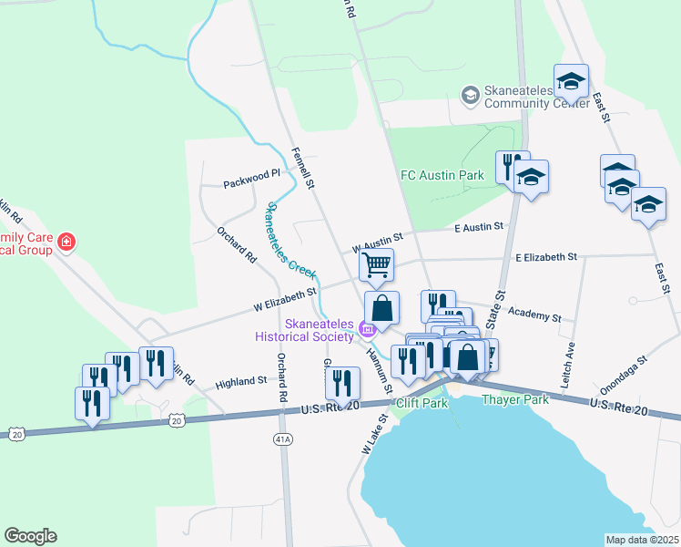 map of restaurants, bars, coffee shops, grocery stores, and more near 55 Fennell Street in Skaneateles