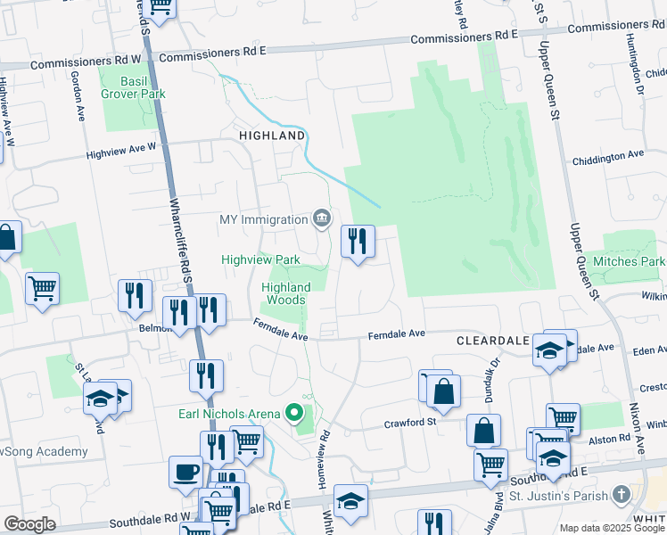 map of restaurants, bars, coffee shops, grocery stores, and more near 649 Country Club Drive in London