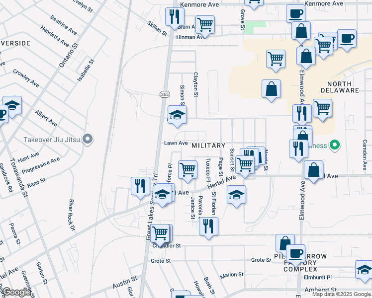 map of restaurants, bars, coffee shops, grocery stores, and more near 91a Jasper Parrish Drive in Buffalo