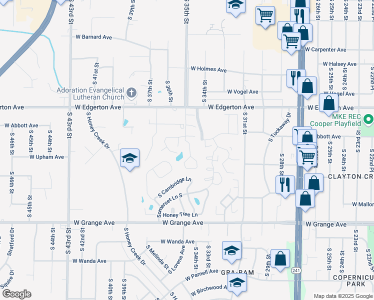 map of restaurants, bars, coffee shops, grocery stores, and more near 5309 South Hidden Drive in Greenfield