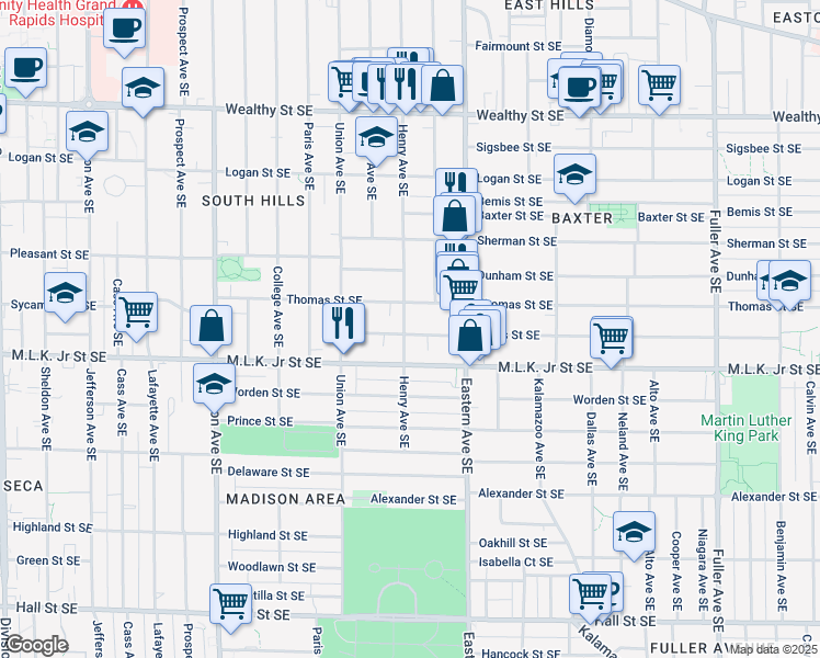 map of restaurants, bars, coffee shops, grocery stores, and more near 724 Henry Avenue Southeast in Grand Rapids