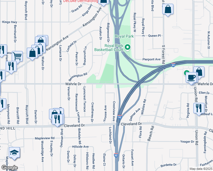 map of restaurants, bars, coffee shops, grocery stores, and more near 455 Wehrle Drive in Buffalo
