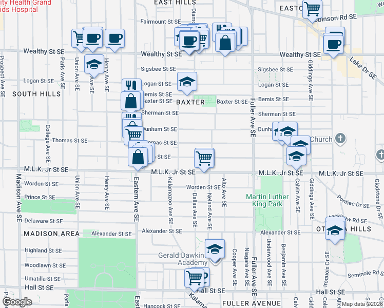 map of restaurants, bars, coffee shops, grocery stores, and more near 955 Bates Street Southeast in Grand Rapids