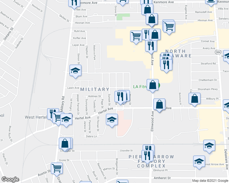 map of restaurants, bars, coffee shops, grocery stores, and more near 58 Grove Street in Buffalo