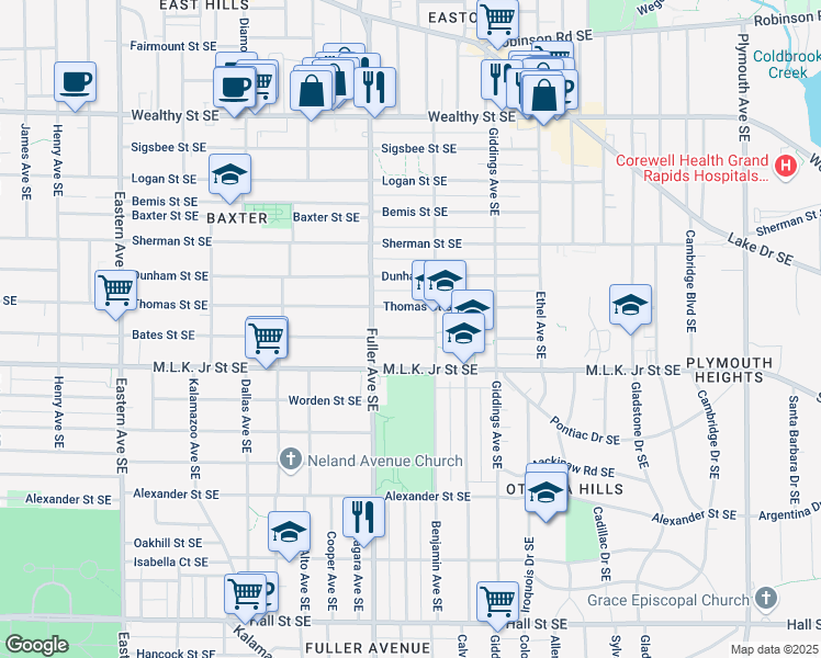 map of restaurants, bars, coffee shops, grocery stores, and more near 1241 Bates Street Southeast in Grand Rapids