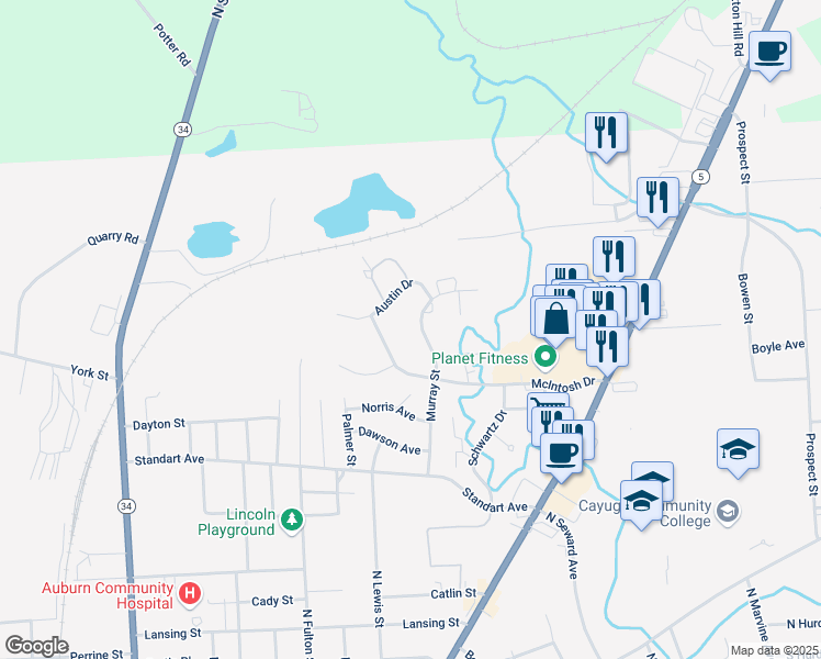 map of restaurants, bars, coffee shops, grocery stores, and more near 149 Murray Street in Auburn