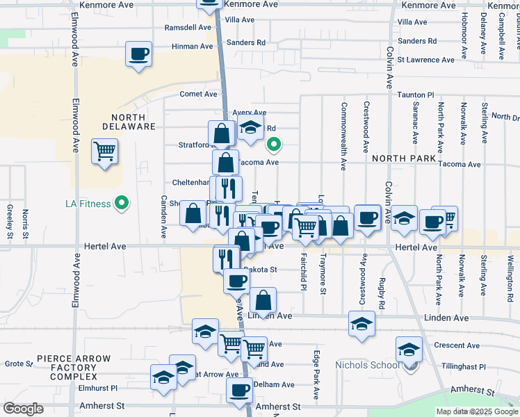 map of restaurants, bars, coffee shops, grocery stores, and more near 55 Tennyson Avenue in Buffalo