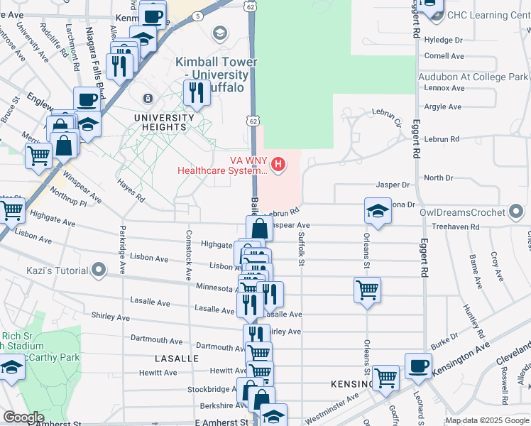 map of restaurants, bars, coffee shops, grocery stores, and more near 3447 Bailey Avenue in Buffalo