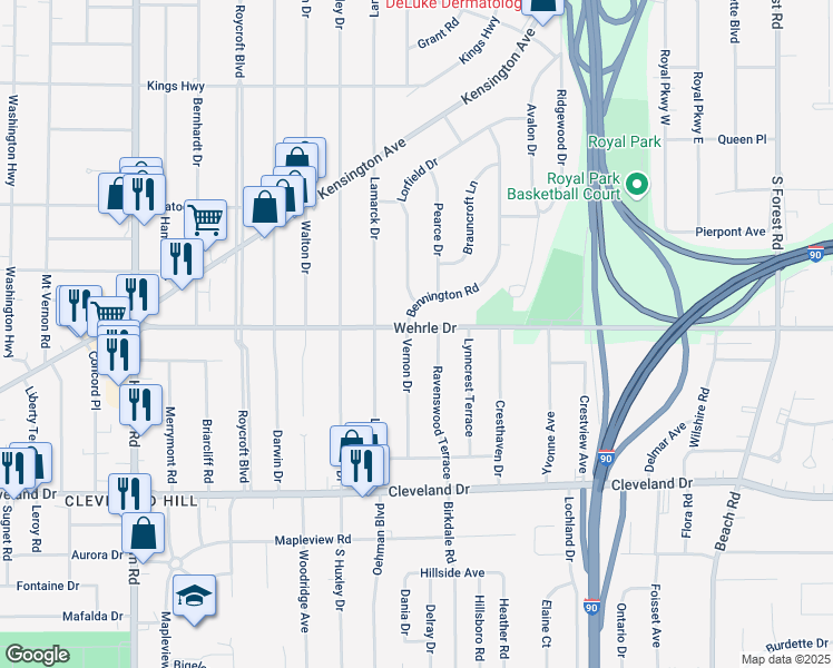 map of restaurants, bars, coffee shops, grocery stores, and more near 50 Ravenswood Terrace in Buffalo