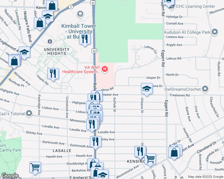 map of restaurants, bars, coffee shops, grocery stores, and more near 73 Lebrun Road in Eggertsville
