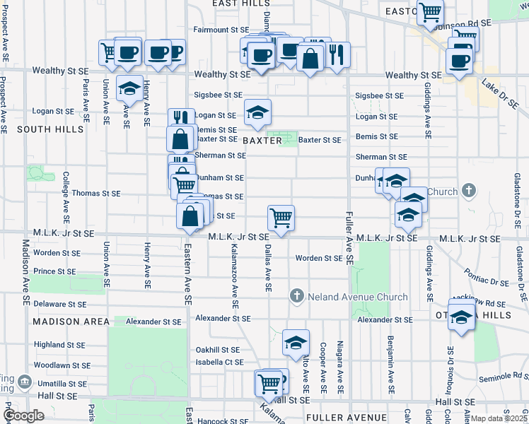 map of restaurants, bars, coffee shops, grocery stores, and more near 955 Bates Street Southeast in Grand Rapids