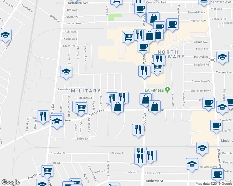 map of restaurants, bars, coffee shops, grocery stores, and more near 57 Greeley Street in Buffalo