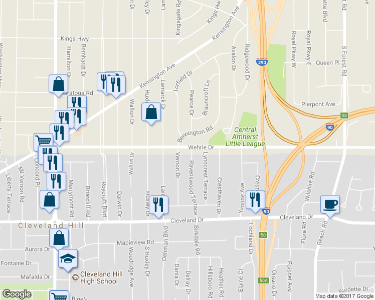 map of restaurants, bars, coffee shops, grocery stores, and more near 50 Ravenswood Terrace in Buffalo