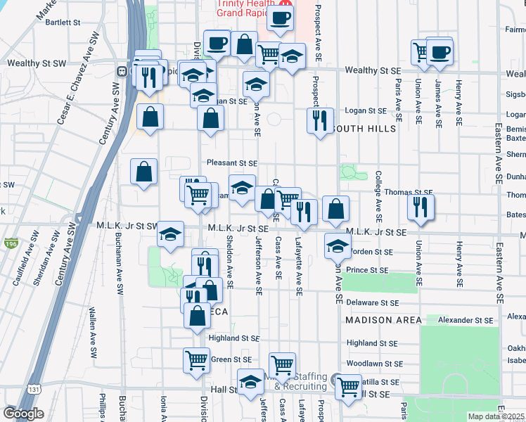 map of restaurants, bars, coffee shops, grocery stores, and more near 720 Jefferson Avenue Southeast in Grand Rapids
