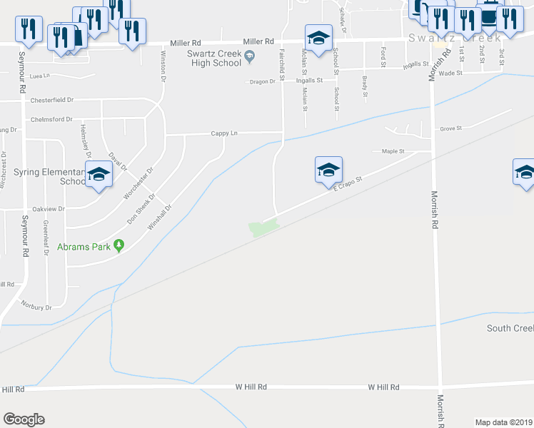 map of restaurants, bars, coffee shops, grocery stores, and more near 8230 East Crapo Street in Swartz Creek