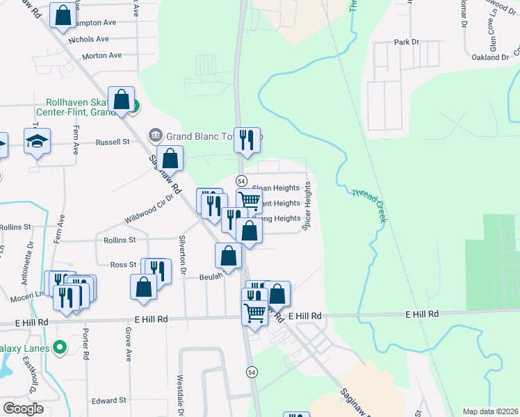 map of restaurants, bars, coffee shops, grocery stores, and more near 3022 Durant Heights in Flint