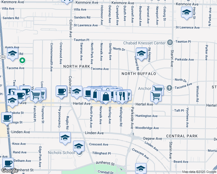 map of restaurants, bars, coffee shops, grocery stores, and more near 172 Sterling Avenue in Buffalo