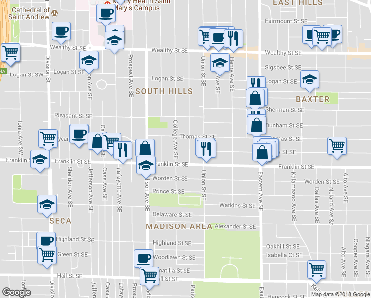 map of restaurants, bars, coffee shops, grocery stores, and more near 725 Paris Avenue Southeast in Grand Rapids