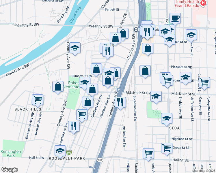 map of restaurants, bars, coffee shops, grocery stores, and more near 330 Rumsey Street Southwest in Grand Rapids