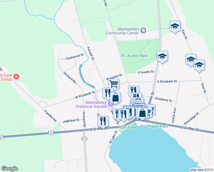 map of restaurants, bars, coffee shops, grocery stores, and more near 55 Fennell Street in Skaneateles